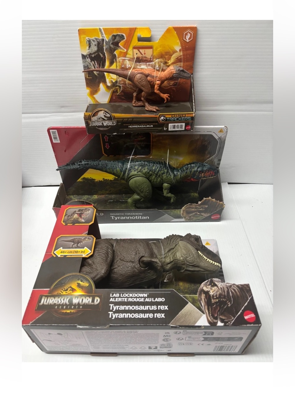 Jurassic World Rebirth Lot 3 Dinosaurs Tyrannotitan T-Rex Herrerasaurus NIB